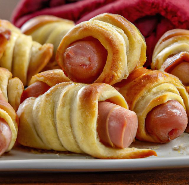 Delicious pigs in a blanket made of sausages wrapped in freshly baked pastry, arranged on a plate. Ideal for food blogs, recipe websites, restaurant menus, or party invitations showcasing tasty appetizers. Great for illustrating simple yet appealing finger food options.
