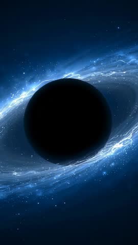 Vertical cosmic vortex forming around dark orb with electric blue accretion ring