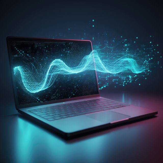 Digital data processing over laptop screen, created using generative ai technology. Global technology, data processing and electronic devices concept digitally generated image.