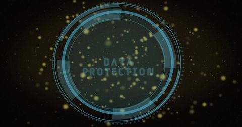 Displaying circular HUD with DATA PROTECTION text, blue rings and golden particle bokeh