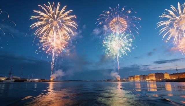 Exploding fireworks over harbor nightscape with city lights reflecting on calm water