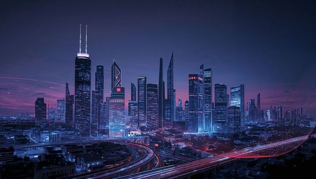 Neon Megacity Skyline Glowing at Dusk with Futuristic Light Trails Between Towers