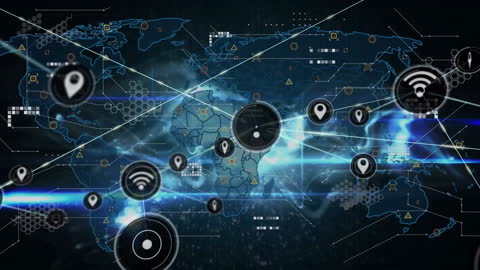 Digital Data Network with Global Map and Connection Icons