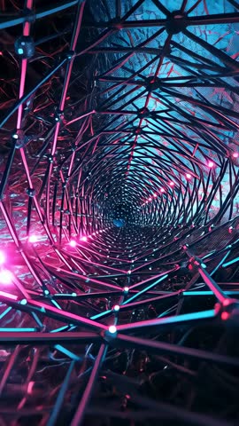 Gliding Camera Inside Neon Lattice Tunnel Revealing Cyan Pink LED Lights Futuristic Vertical Video