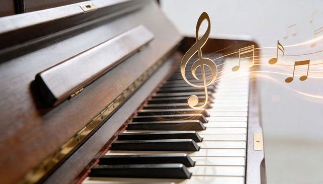Upright wooden piano keyboard with golden treble clef and floating music notes