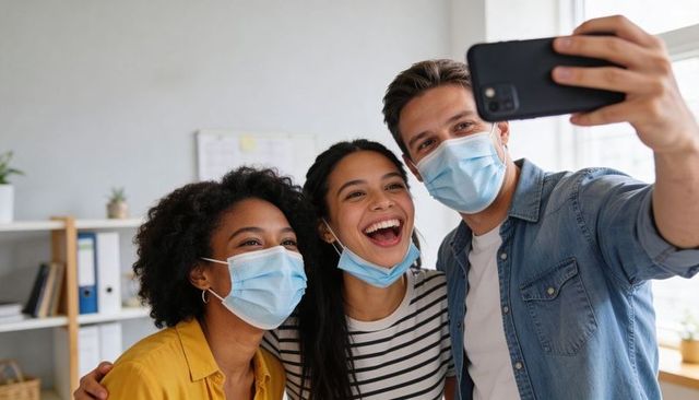 Diverse colleagues taking selfie in bright office wearing surgical masks during teamwork