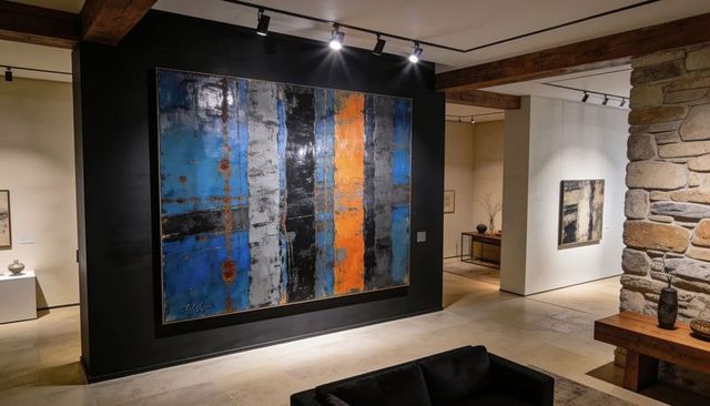 Gallery interior showcasing large abstract blue gray orange panel with spotlights