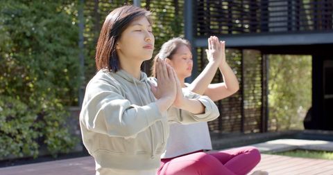Asian Women Meditation Outdoor Terrace Sunlit Relaxation - Download Free Stock Images Pikwizard.com