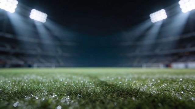 Glistening stadium turf at night reflecting floodlights with dew-covered grass blades