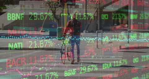 Digital Finance Data Overlay on Urban Cyclist Crossing Road