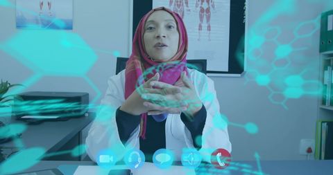 Medical Professional Discussing Innovations with Molecular Hologram