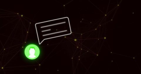 Neon green avatar with chat bubble on digital network background
