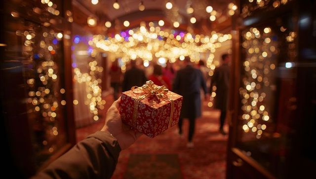 Festive Corridor Holding Christmas Gift Box Amid Warm Holiday Lights