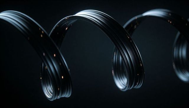 Glossy metallic coil spirals with dramatic rim lighting, reflective chrome loops