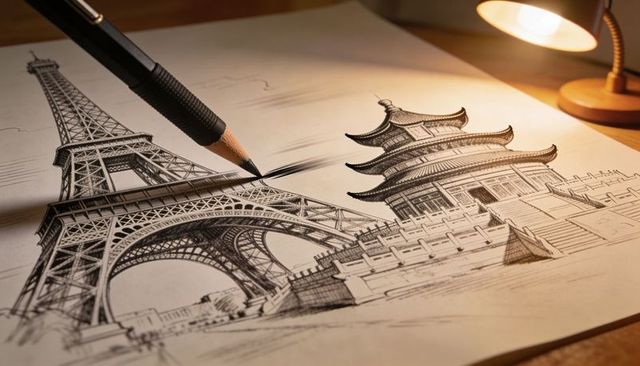Architectural sketch merging eiffel tower and pagoda with pencil and lamp on wooden desk