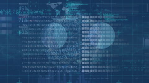 Digital Data Processing Over Glowing World Map and Globe