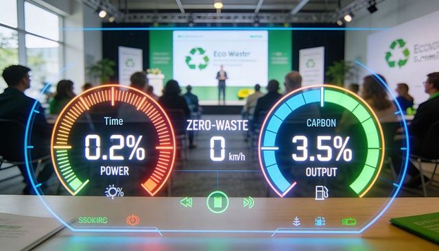 Holographic sustainability dashboard showing dual gauges at eco summit presentation