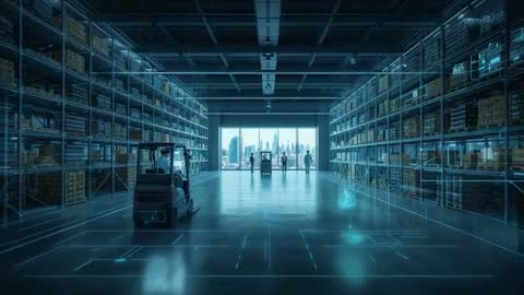 Forklift navigating smart warehouse with augmented reality HUD guiding automated loading