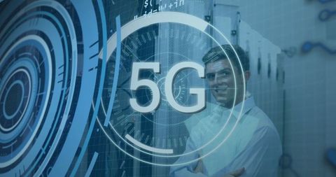Engineer monitoring 5g technology in futuristic data center