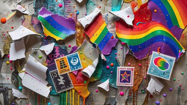 Colorful collage with rainbows and vintage stamps