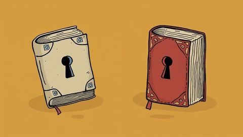 Symbolic abstract books with keyhole covers on yellow background