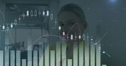 Businesswoman Presenting Financial Market Charts Overlayed on Office Glass for Analytics