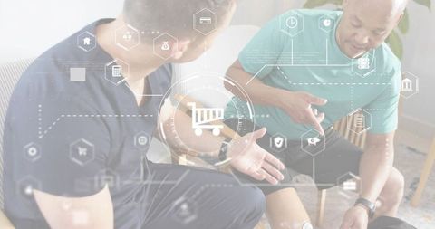 Discussing wearable leg sensor in casual home consultation with digital shopping overlay