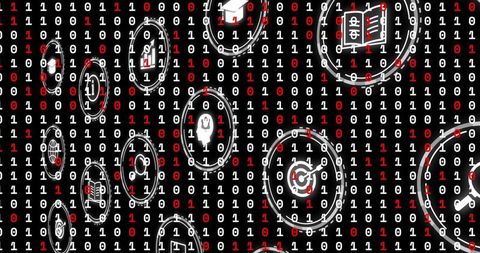 Binary code with floating finance, education and business icons for digital strategy