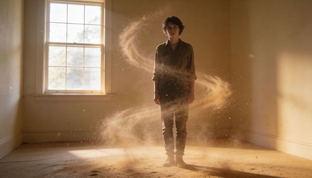 Adolescent male standing in sunlit empty room with dust swirling in warm golden beams