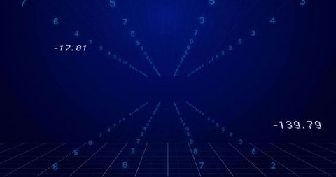 Converging numeric tunnel on 3D grid with glowing telemetry digits and blue perspective