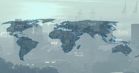 Digital World Map Over Cityscape Showing Global Data Connectivity