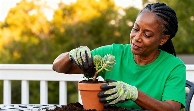 Woman repotting succulent on backyard deck wearing gardening gloves and green shirt