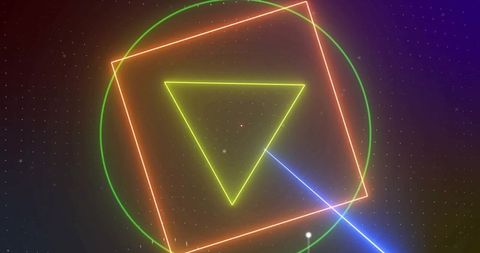 Vibrant Geometric Neon Shapes on Digital Grid