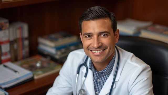 Smiling Male Doctor in Clinic with Stethoscope and Books