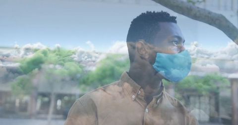 Man Wearing Mask Reflective Double Exposure Urban Scene