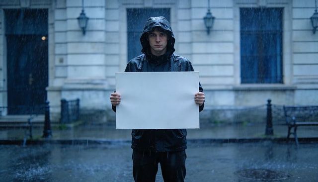 Young man standing in rain holding blank placard on wet urban street, hooded jacket
