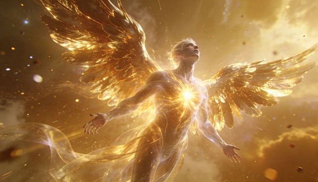 Golden ascending angel with radiant heart and shimmering wings in celestial light