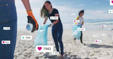 Volunteers Cleaning Beach with Social Media Engagement Icons