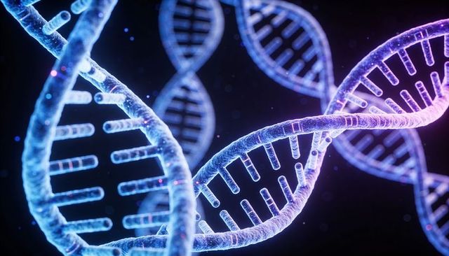 Glowing dna helix twisting through neon molecular space for genomics and biotechnology concept