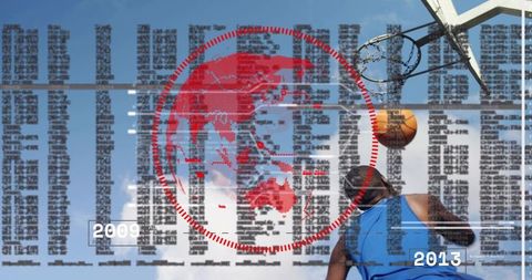 Leaping basketball player dunking at outdoor hoop with red global data overlay