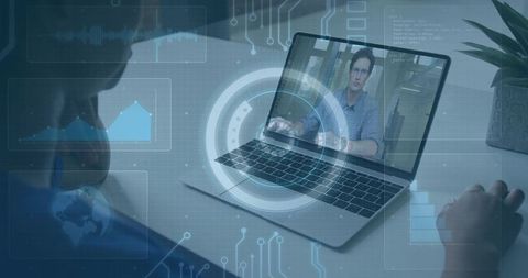 Remote professional watching presenter on laptop with futuristic HUD overlays and data