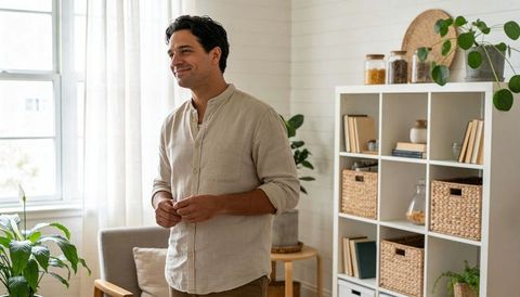 Sunlit scandinavian living room man wearing linen shirt standing by window with plants
