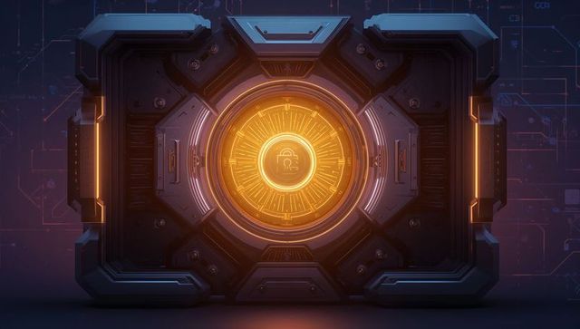 Futuristic amber energy core vault with glowing padlock, circuitry and secure interface