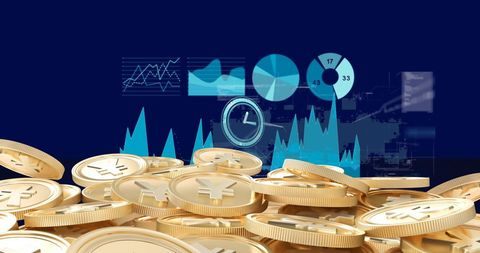 Depicts yen coins with a holographic data display featuring charts and graphs, illustrating concepts of digital finance and currency markets. Useful for financial presentations, articles on global economics, or business marketing materials discussing trends in digital currency and data analytics.
