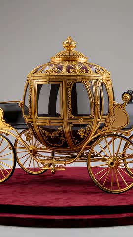 Spinning ornate gold carriage model on red velvet turntable vertical showcase video