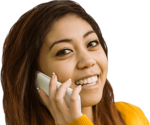 Transparent Smiling Young Woman Using Smartphone