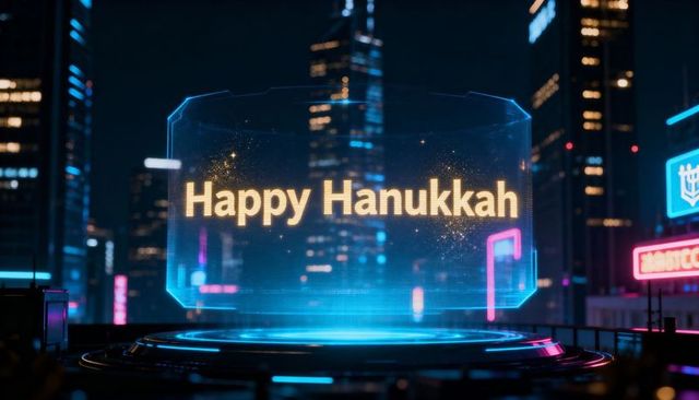 Holographic Happy Hanukkah Greeting Floating Above Neon Cyberpunk City Rooftop