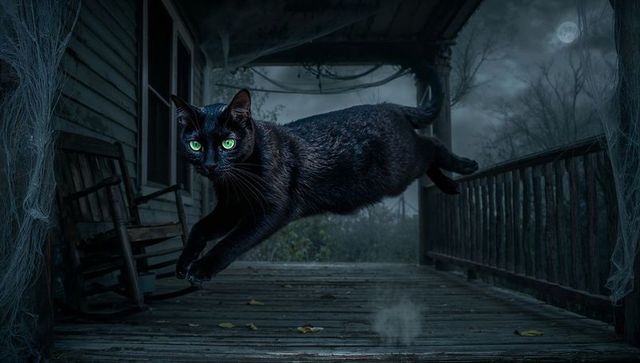 Mystical black cat leaping on haunted porch at midnight
