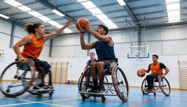 Wheelchair basketball players shooting and charging toward hoop in indoor sports arena