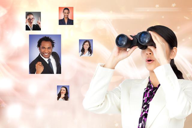 This image shows an HR professional using binoculars while searching for potential candidates, indicating a thorough and proactive approach to talent acquisition. Useful for showcasing concepts related to job recruitment, career opportunities, and human resource management.